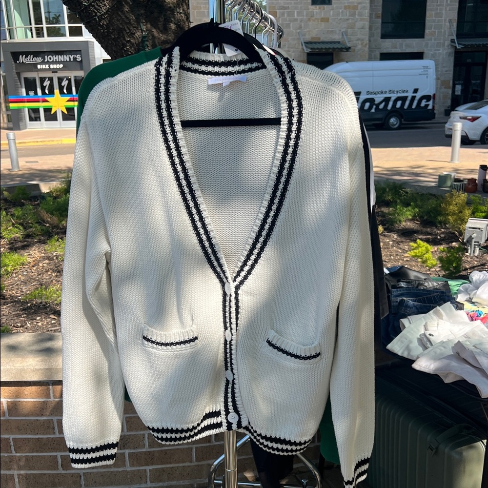 Olivaceous White Knit Cardigan with Black Trim